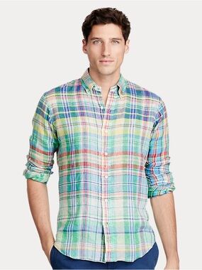 Ralph Lauren Pastel Multicolor Linen Plaid Button-Down Shirt. XXL
